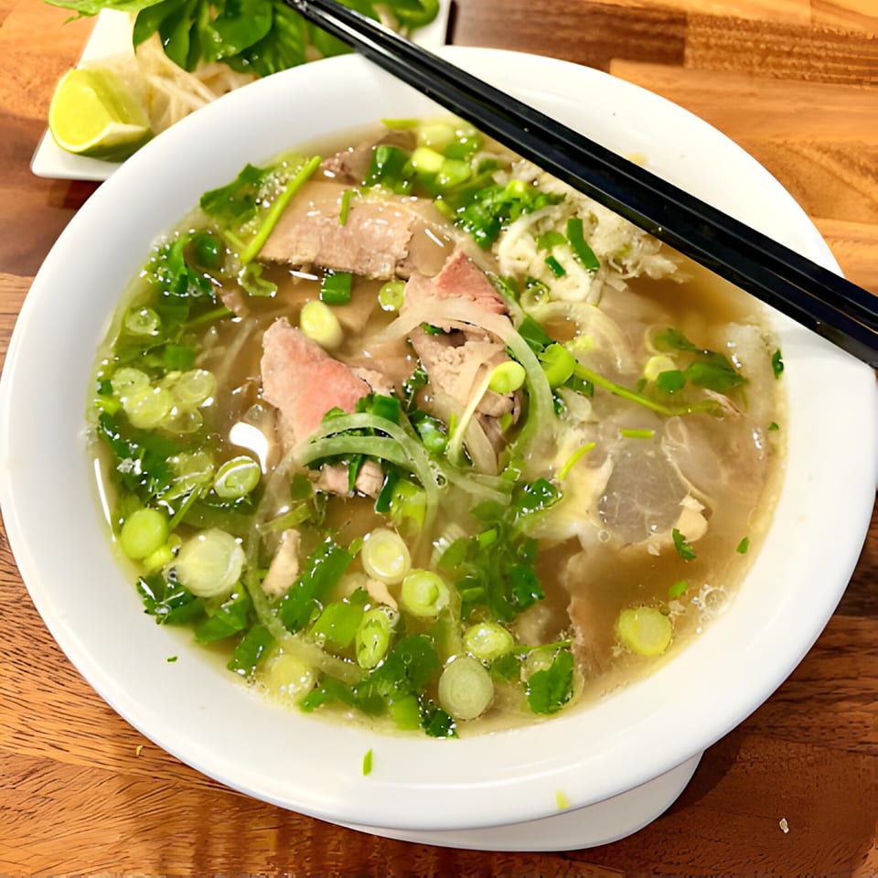A bowl of Pho Nom Nom Vietnamese pho with beef, noodles, broth, and green onions.